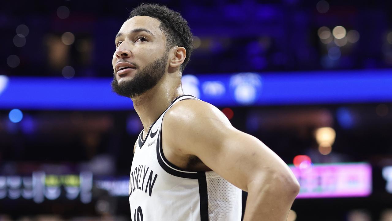 Ben Simmons #10 of the Brooklyn Nets looks on during the first quarter against the Philadelphia 76ers at Wells Fargo Center.