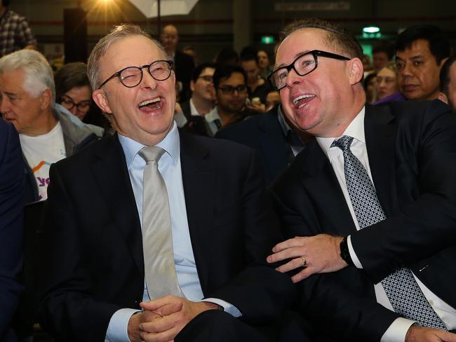 SYDNEY, AUSTRALIA  - AUGUST 14 2023: Former Australian rules football player  Adam Goodes, Prime Minister, Anthony Albanese and Qantas CEO Alan Joyce attend the launch of the Qantas 'Yes' Campaign where The Prime Minister will deliver a speech. Picture: NCA Newswire / Gaye Gerard