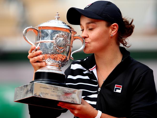 Ashleigh Barty celebrates victory following the women’s singles final against Marketa Vondrousova at the 2019 French Open. Picture: Clive Brunskill/Getty Images