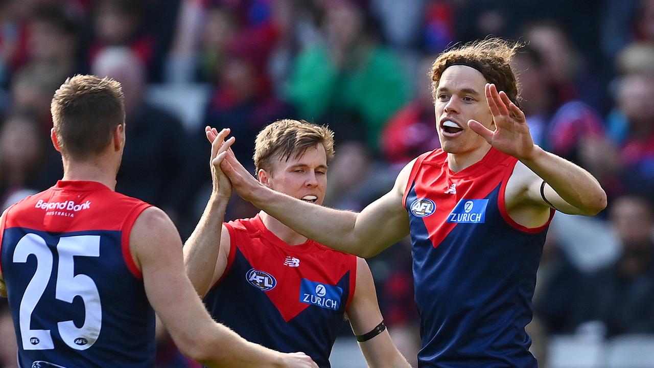 Ben Brown celebrates a goal for the Demons.