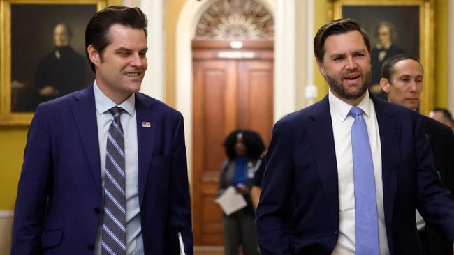 Matt Gaetz and JD Vance arrive for meetings with Senators at the US Capitol. Picture: Getty Images via AFP.