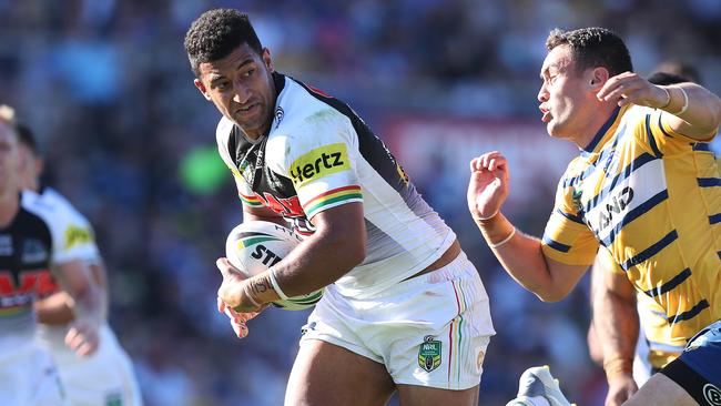 Penrith's Villiame Kikau makes a break during the Penrith v Parramatta rugby league match at Panthers Stadium, Penrith. Picture: Brett Costello