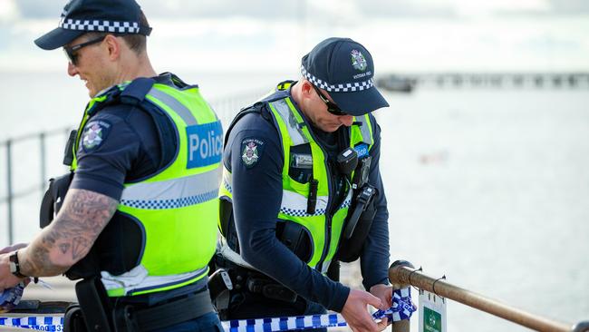 Police close off Rye Pier on the Mornington Peninsula. Picture: Mark Stewart