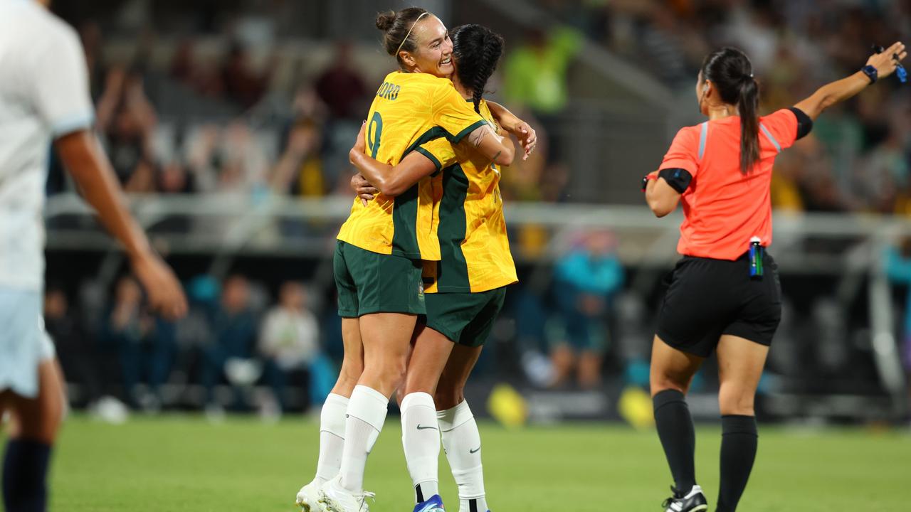 Matildas Caitlin Foord  and Mary Fowler celebrate a goal during the AFC Women's Asian Olympic Qualifier match between Australia and Chinese Taipei in Perth. Picture: James Worsfold/Getty Images