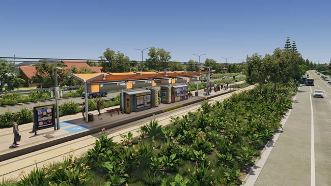 Artist impression of Gold Coast Light Rail Stage 4 between Tugun and Coolangatta, including Gold Coast Airport and the NSW border. Picture: Department of Transport and Main Roads.