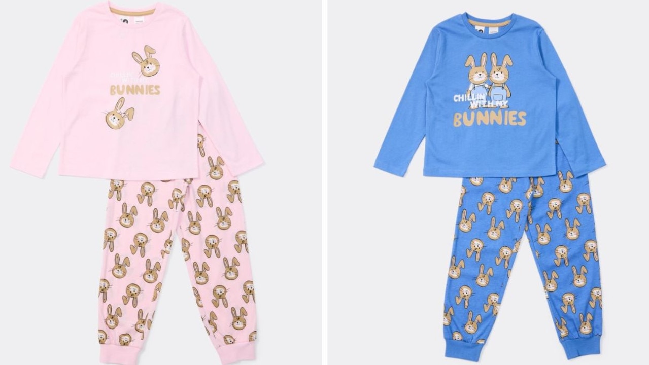 Big W's Easter pj range includes the K-D Kids Long Sleeve Chillin' Bunnies Print Knit Pyjama Set for just $12. Picture: Big W