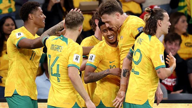 Australia celebrate a goal against Lebanon. Picture: Matt King/Getty Images