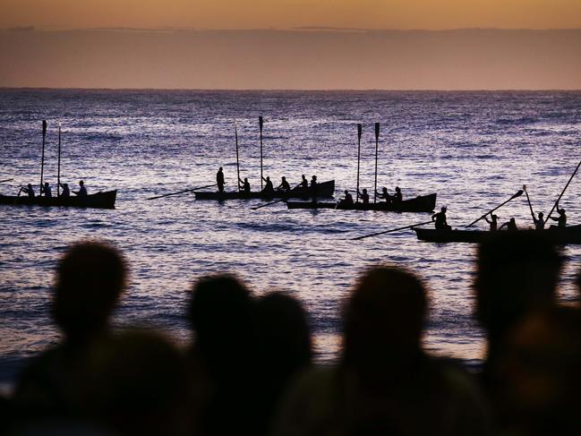 Central Coast combined surf clubs re-enact the first landing during the dawn service at Terrigal Beach in 2017. Picture: Peter Clark