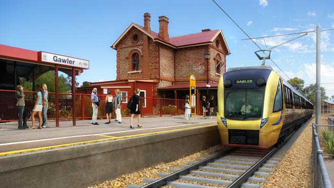 Artist impression of Gawler Station with electrified train on line.