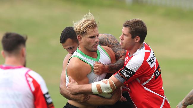 Jack de Belin still cuts an imposing figure at Dragons training. Picture: Brett Costello