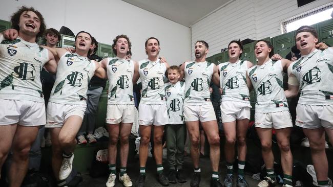 Echuca celebrates a home ground win against Kyabram in 2023. Picture Yuri Kouzmin