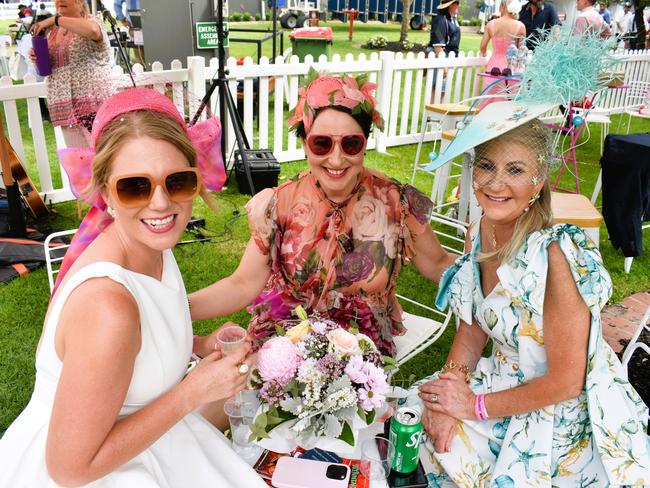 Lauren Dempsey, Leanora Romensky and Mandy Manning enjoying all the action at the Ladbrokes Cranbourne Cup on Saturday, November 23, 2024. Picture: Jack Colantuono