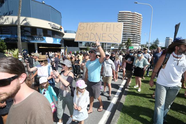 People in the Tweed are protesting the border restrictions. 22 August 2021 Coolangatta Picture by Richard Gosling