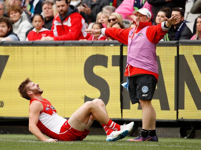 Alex Johnston went down with another knee injury on Sunday. Photo: Adam Trafford/AFL Media/Getty Images