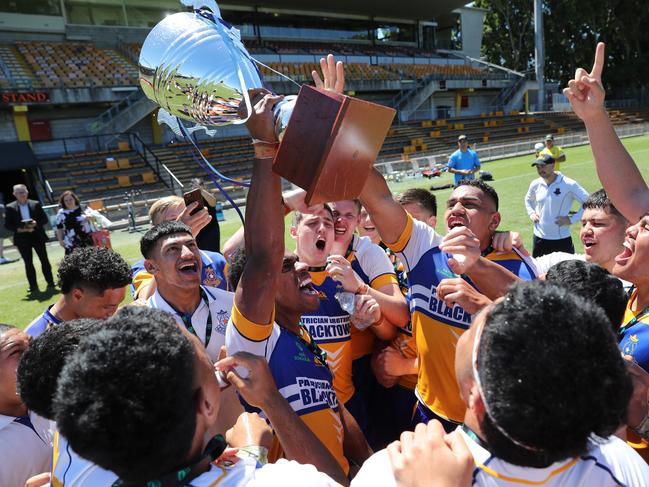 Patrician Brothers Blacktown players celebrating their win of the 2020 NRL Schoolboy Cup Grand Final. Picture: Richard Dobson