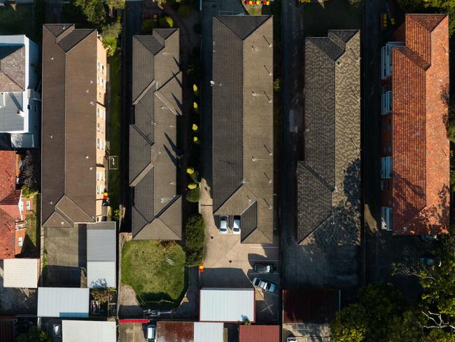 SYDNEY, AUSTRALIA - NewsWire Photos SEPTEMBER 14 2023. Generic housing & real estate house generics. Pic shows aerial view of apartment building rooftops in Ashfield, taken by drone. Picture: NCA NewsWire / Max Mason-Hubers