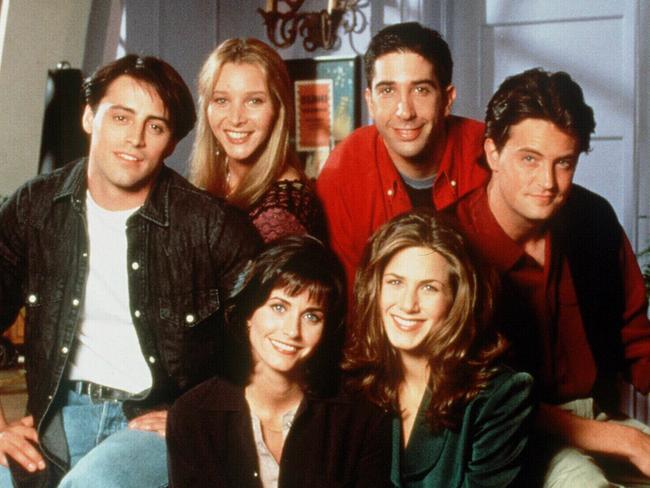 4/8/96. The cast from the American television program 'Friends', Matt LeBlanc as Joey, Lisa Kudrow as Phoebe, David Schwimmer as Ross and Matthew Perry as Chandler; Front row, Courteney Cox as Monica and Jennifer Aniston as Rachel.