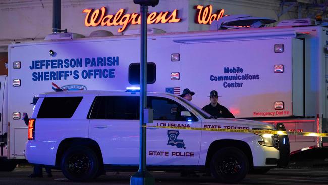 Lousiana State Troopers on Canal Street in New Orleans look on near a mobile command centre after at least 15 people were killed during Shamsud-Din Jabbar’s ramming attack. Picture: AFP