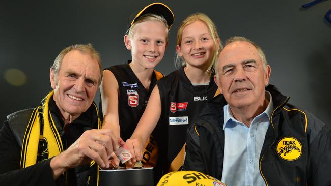 Glenelg legends Graham Cornes and Peter Carey with fans Joe Chigwidden (11) and Summer Ryan.