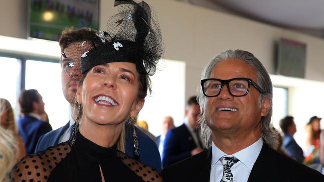 Heloise Pratt with former Noiseworks frontman Jon Stevens in the Furphy marquee on Melbourne Cup day at Flemington Racecourse. Picture: Aaron Francis