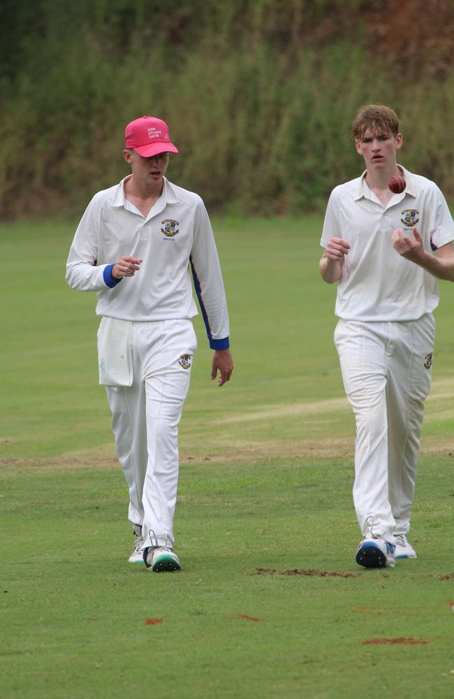 Louis Morris and Archie Murray. AIC First XI cricket between St Peters Lutheran College and Marist College Ashgrove. Saturday February 24, 2024.