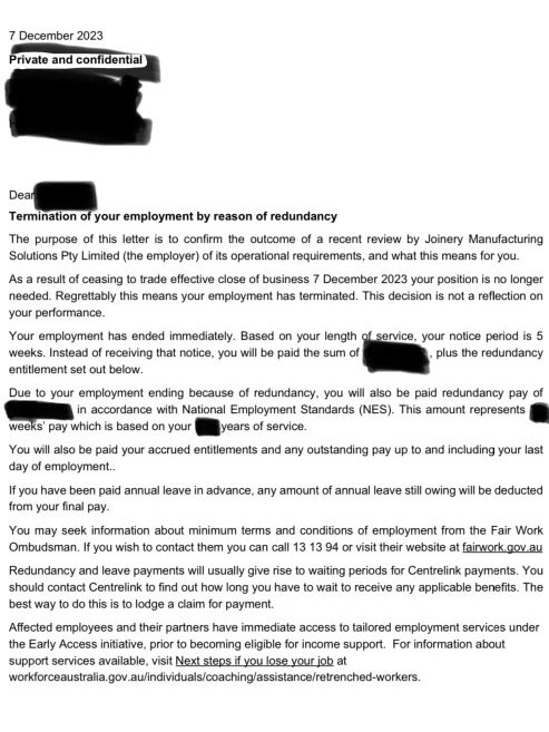 The official termination letter staff received last week.