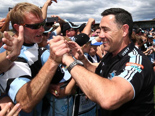 Shane Flanagan celebrates with fans during the Cronulla Sharks NRL grand final celebrations at Southern Cross Group Stadium / Picture: Brendon Thorne