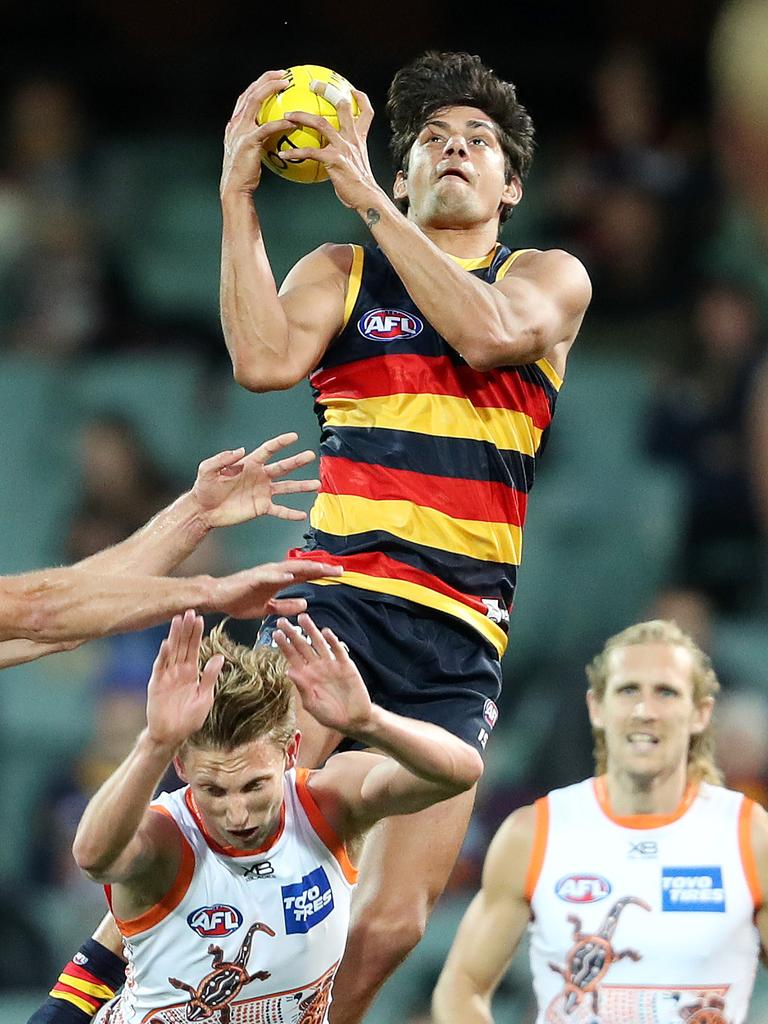 McAdam takes a screamer over GWS last year. Picture: Sarah Reed