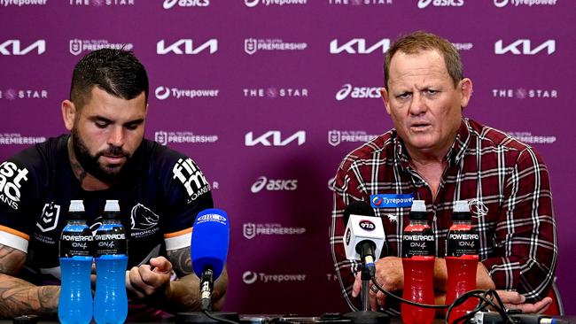 BRISBANE, AUSTRALIA - MARCH 24: Broncos coach Kevin Walters and Adam Reynolds of the Broncos speak after the round four NRL match between the Dolphins and Brisbane Broncos at Suncorp Stadium on March 24, 2023 in Brisbane, Australia. (Photo by Bradley Kanaris/Getty Images)