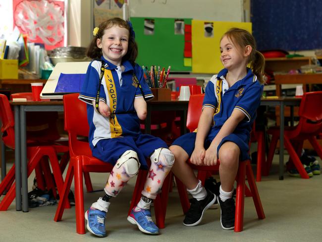 Mia Wilkinson at Indooroopilly State School with her best friend Mia McCosker. Picture: Adam Head