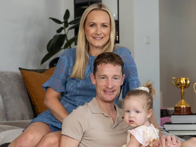 2022 Melbourne Cup-winning jockey Mark Zahra at at home for a V Weekend feature. Zahra with wife Elyse and baby Harper. Picture: Jason Edwards