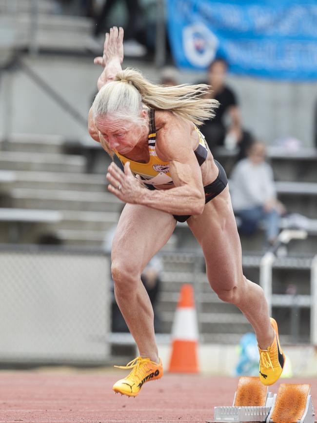 2024 Australian masters games at the Domain Athletics Centre, Mandy Mason 56 WA starts the 400m heat. Picture: Chris Kidd