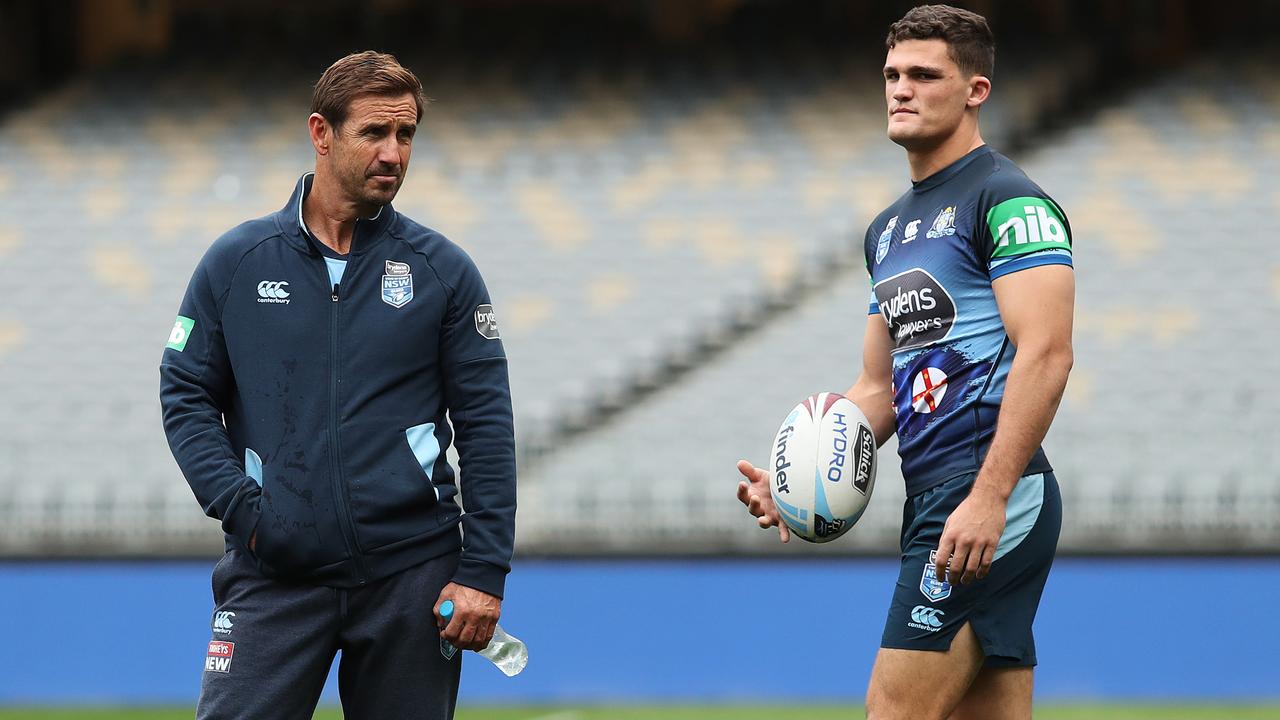 Careful who you listen to ... Nathan Cleary with Andrew Johns before State of Origin in 2019.