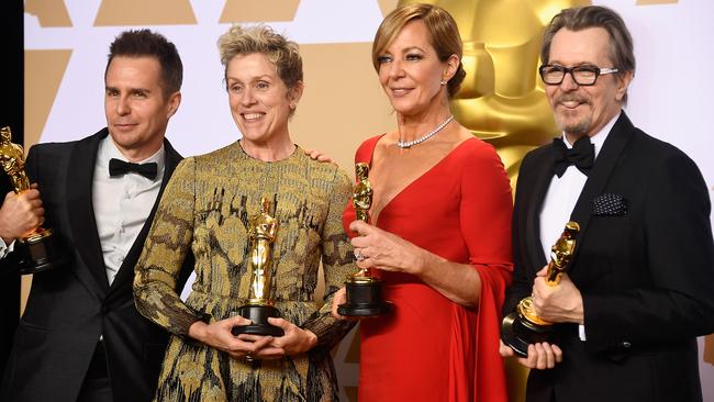 Sam Rockwell, Frances McDormand, Allison Janney and Gary Oldman with their Oscars. Picture: Getty