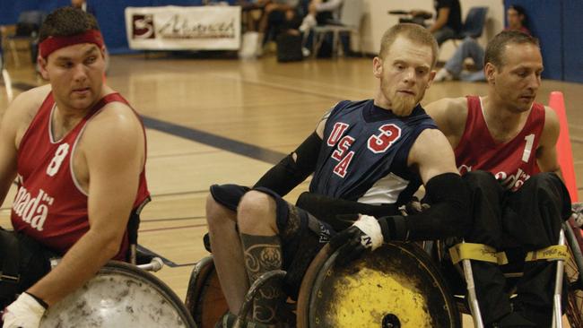 USA team member Mark Zupan playing against Canada in Murderball