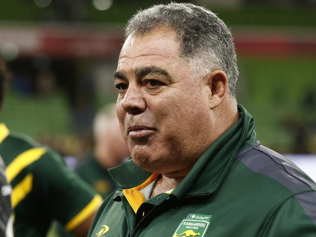 MELBOURNE, AUSTRALIA - OCTOBER 28: Australia head coach Mal Meninga looks on after the Men's pacific Championship match between Australia Kangaroos and New Zealand Kiwis at AAMI Park on October 28, 2023 in Melbourne, Australia. (Photo by Daniel Pockett/Getty Images)