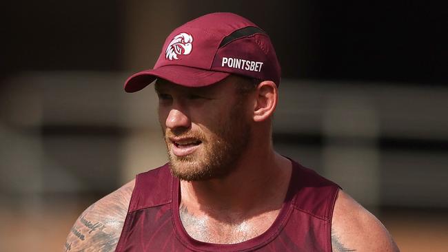 SYDNEY, AUSTRALIA - APRIL 16: Matthew Lodge of the Sea Eagles looks on during a Manly Sea Eagles NRL training session at 4 Pines Park on April 16, 2024 in Sydney, Australia. (Photo by Matt King/Getty Images)