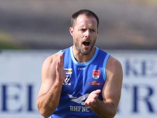 Nathan Brown celebrates a goal for Barwon Heads in 2022. Picture: Mike Dugdale