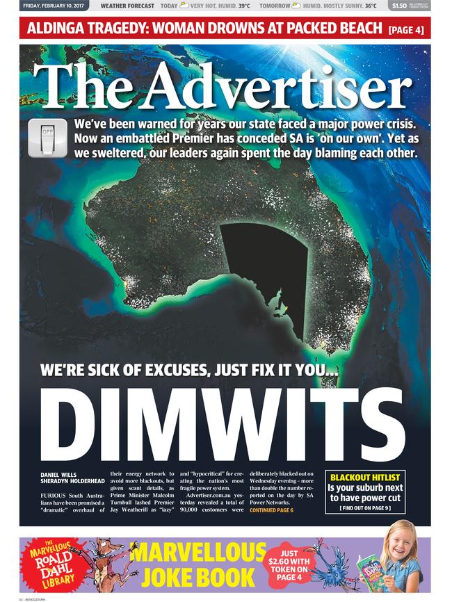 The Advertiser’s front page for February 10, 2017.