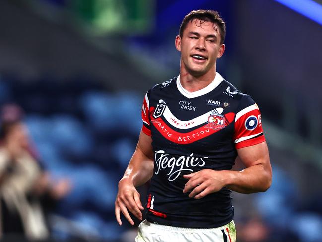 SYDNEY, AUSTRALIA - AUGUST 12: Joseph Manu of the Roosters celebrates scoring a try during the round 24 NRL match between Sydney Roosters and Dolphins at Allianz Stadium on August 12, 2023 in Sydney, Australia. (Photo by Jeremy Ng/Getty Images)