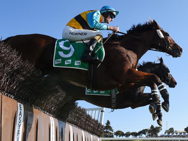 Count Zero (NZ) ridden by Darryl Horner (Jnr) clears a steeple on the way to winning the Brandt Grand Annual Steeplechase at Warrnambool Racecourse on May 02, 2024 in Warrnambool, Australia. (Photo by Pat Scala/Racing Photos via Getty Images)