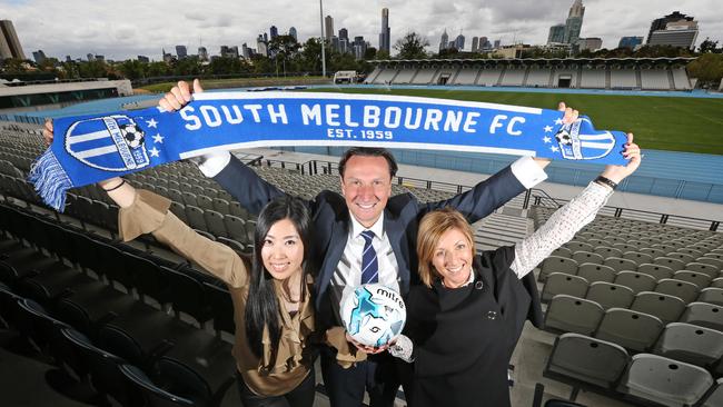 South Melbourne A-League Advisory Board chairman Bill Papastergiadis, with bid team members Luisa Chen and Gabrielle Giuliano say Lakeside Stadium is the perfect venue for the next A-League club.