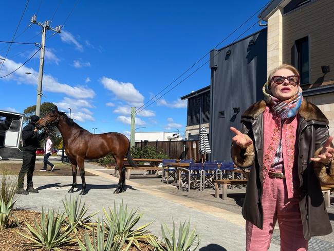 Gai Waterhouse with Storm Boy in the backdrop at the Log Cabin