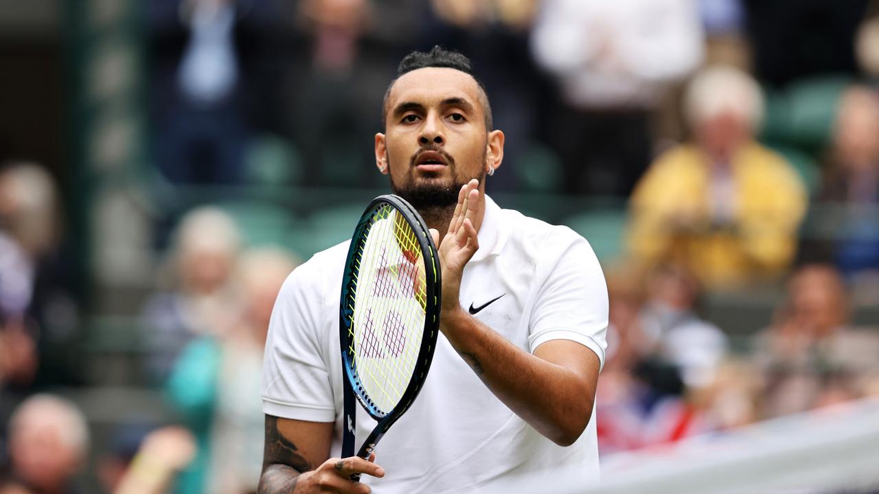LONDON, ENGLAND - JUNE 30: Nick Kyrgios of Australia celebrates victory after winning his Men's Singles First Round match against Ugo Humbert of France during Day Three of The Championships - Wimbledon 2021 at All England Lawn Tennis and Croquet Club on June 30, 2021 in London, England. (Photo by Clive Brunskill/Getty Images)
