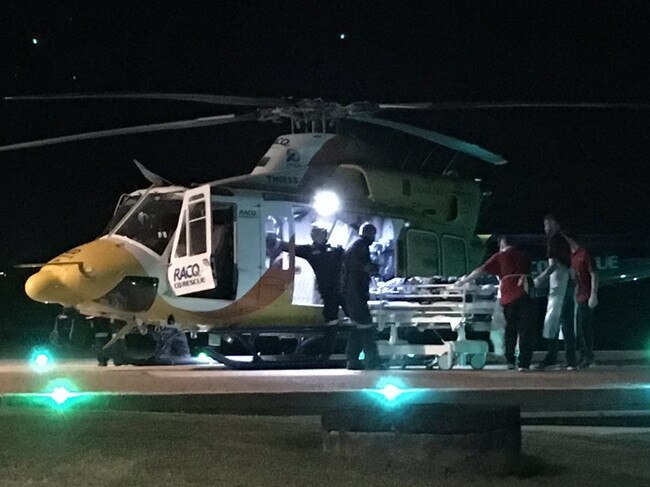 The woman is airlifted by RACQ CQ Rescue. Picture: Channel 9