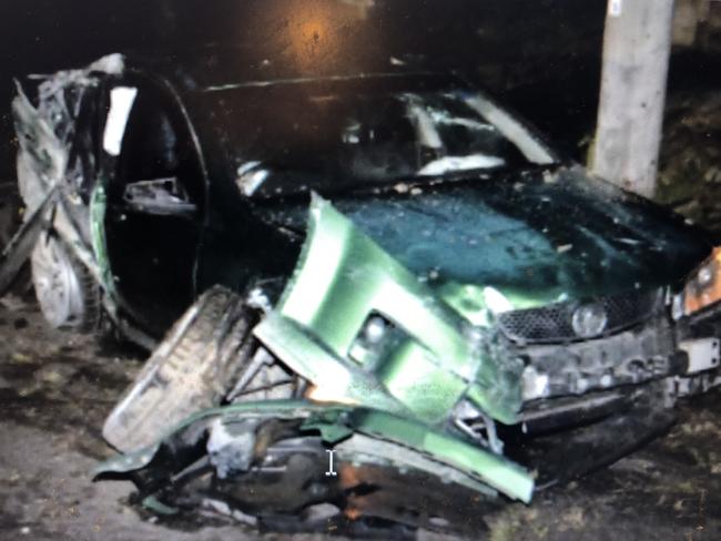 The Holden Commodore that Barney Wakes-Miller, 17, of Oxford Falls was fatally injured in when its drunk driver lost control and crashed at Elanora Heights in July, 2020. Picture: Supplied