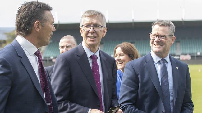 TFC AFL Club Inaugural Board of Directors, Alastair Lynch, Roger Curtis and Chair Grant O'Brien at UTAS Stadium. Picture: Chris Kidd