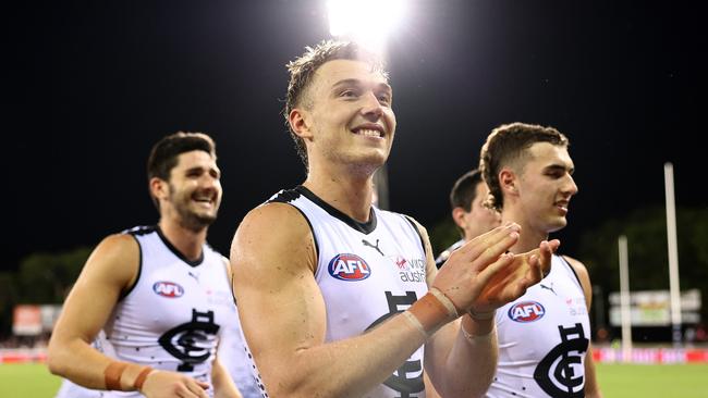 Carlton co-captain Patrick Cripps soaks up his side’s win over Gold Coast.