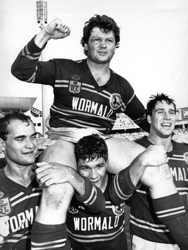 Manly’s Paul Vautin is carried from the field at the end of the Manly Sea Eagles v Canberra Raiders 1987 grand final.