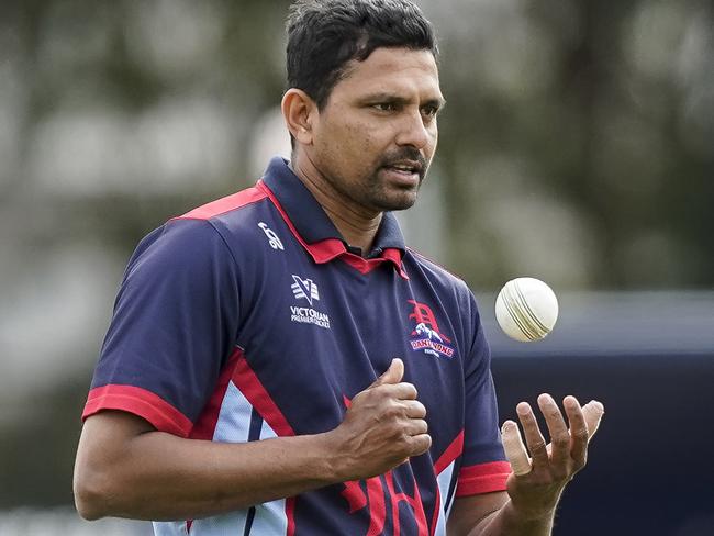 Vic Premier Cricket grand final. Prahran v Dandenong. Suraj Randiv bowling for Dandenong. Picture: Valeriu Campan